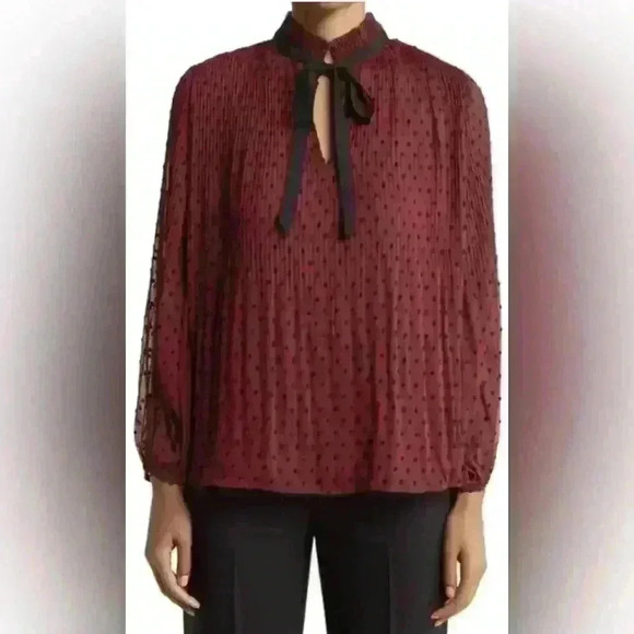 Max Studio Blouse Sz Small Pleated Texture Dot Tie Neck Wine Color Shirt NWT - Picture 1 of 10